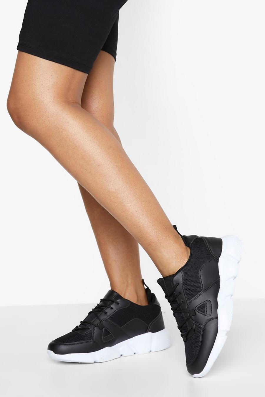 Black schwarz Wide Fit Panelled Chunky Trainer