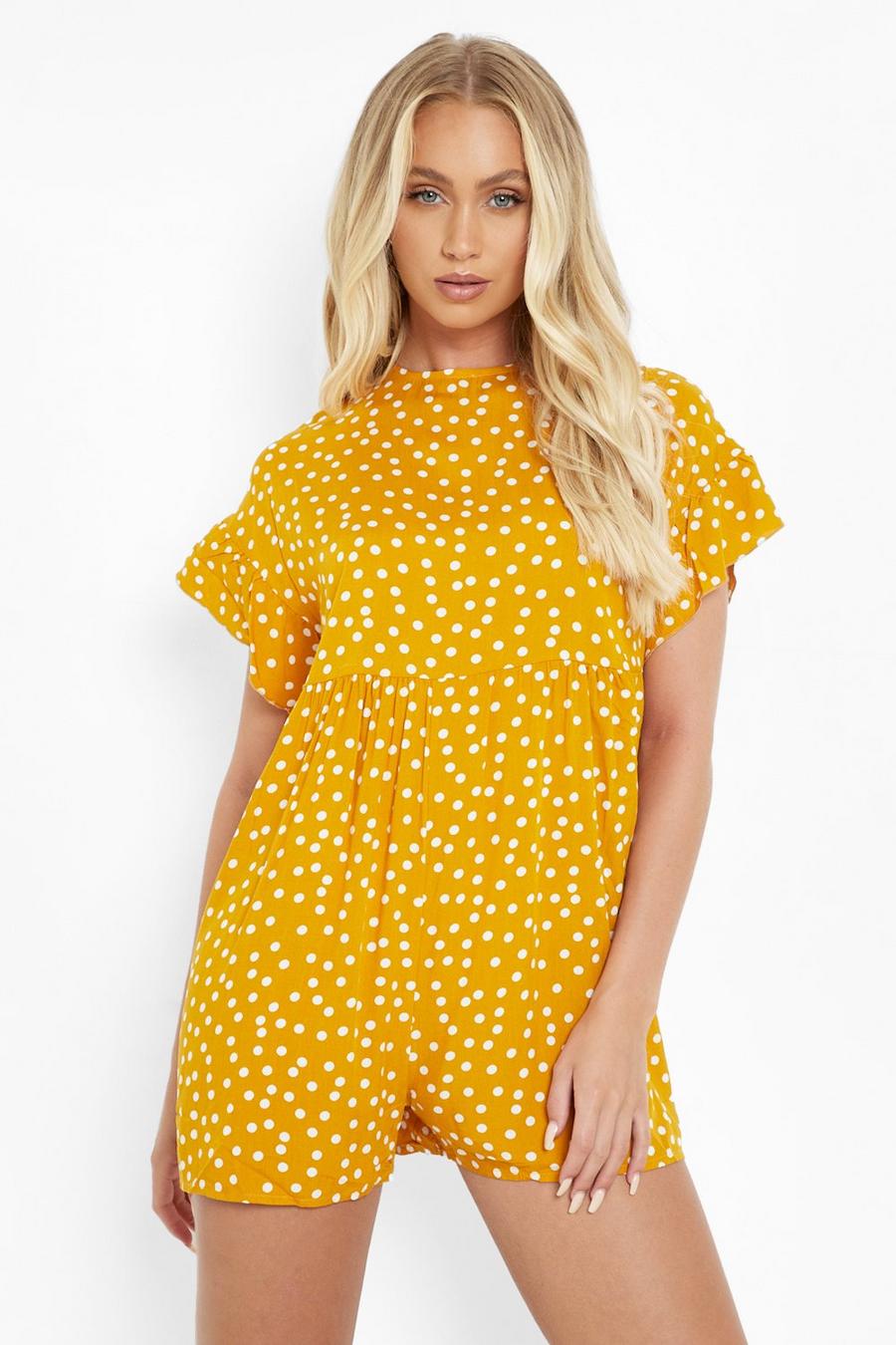 Mustard yellow Polka Dot Tiered Smock Playsuit image number 1