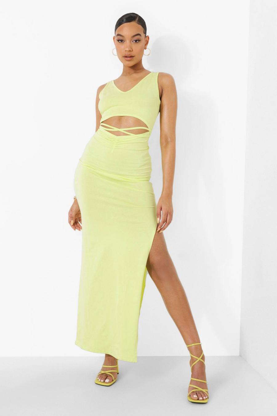 Soft lime yellow V Neck Cut Out Maxi Dress image number 1