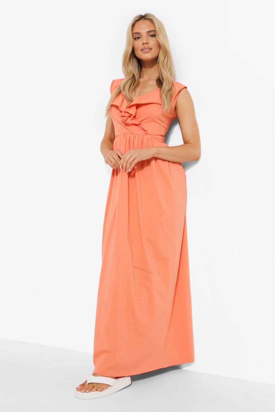 Coral Ruffle V Neck Maxi Dress image number 1