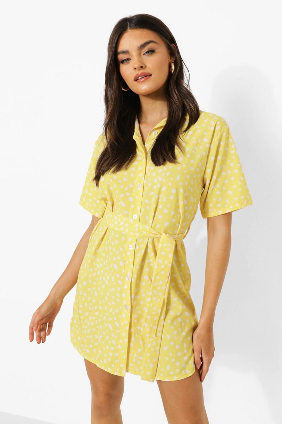 Yellow Spot Print Tie Waist Shirt Dress image number 1