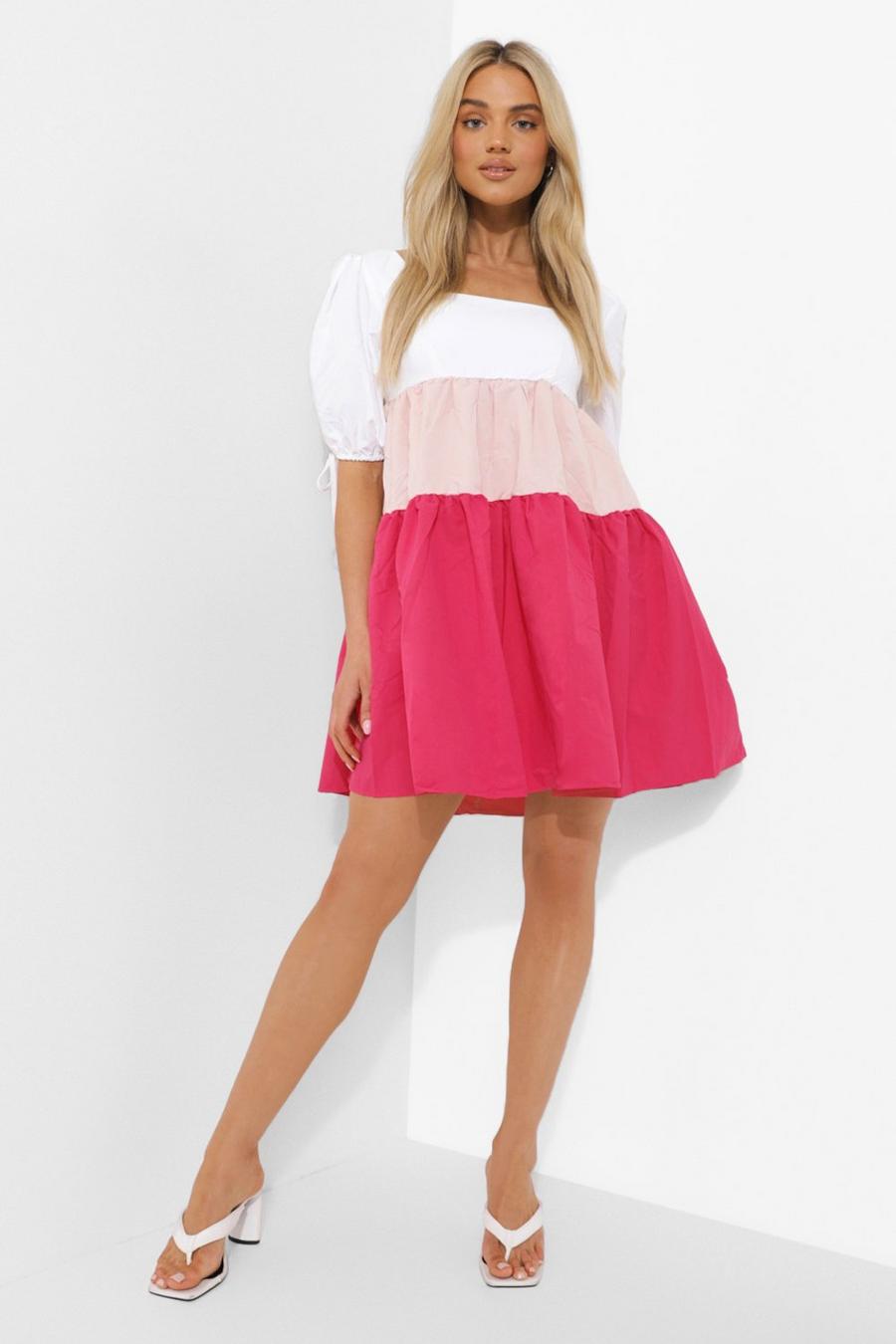 Pink Cotton Color Block Puff Sleeve Smock Dress image number 1