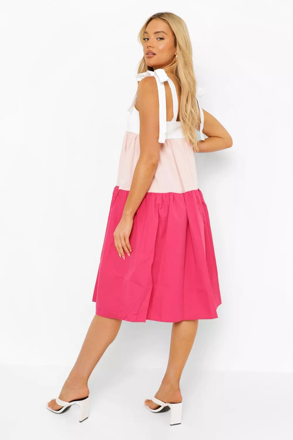 Pink Cotton Colour Block Tie Strap Midi Smock Dres alternative image