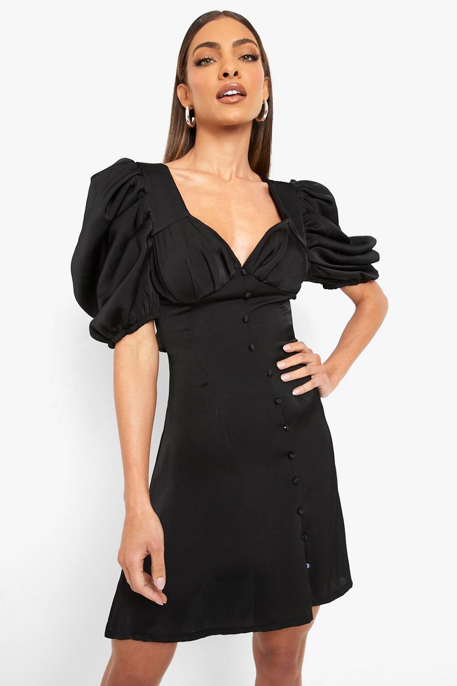 שחור שמלת סקייטר מכופתרת מסאטן עם שרוולים נפוחים image number 1
