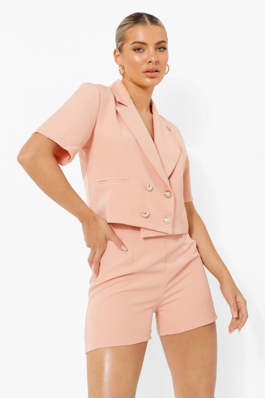 Peach Double Breasted Cropped Tailored Blazer image number 1