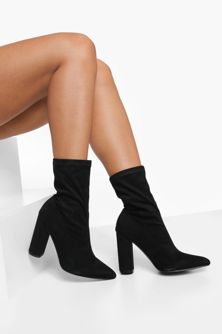 Black Wide Width Block Heel Pointed Toe Sock Boot image number 1