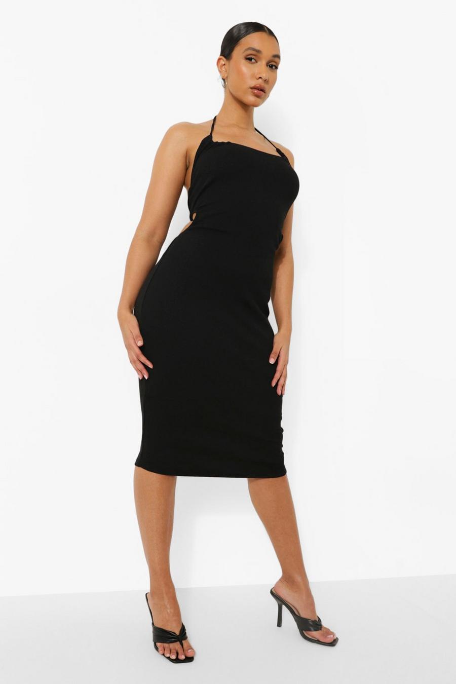 Black Premium Rib Ruched Cut Out Midi Dress image number 1