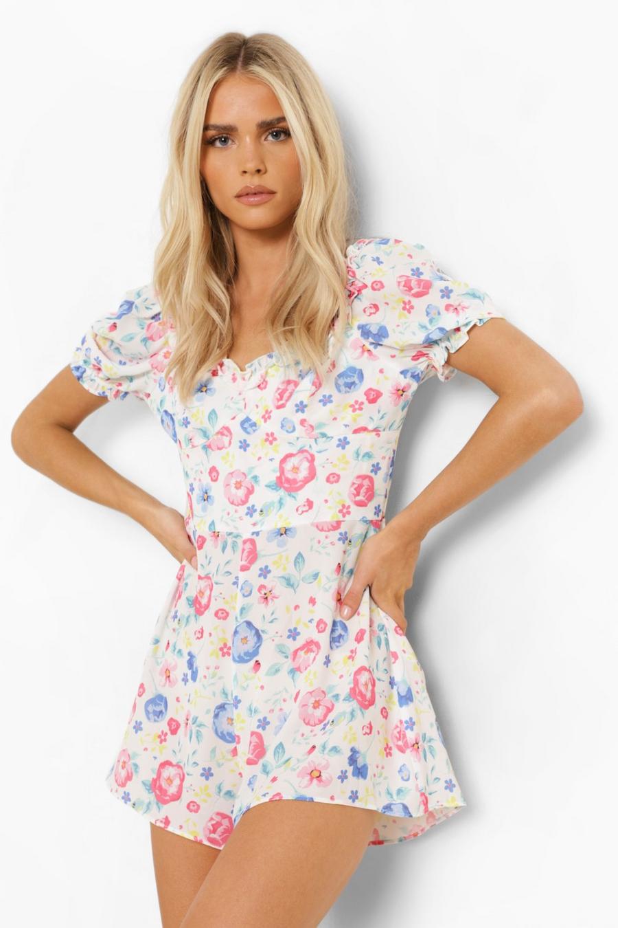 White Floral Frill Edge Flippy Playsuit image number 1
