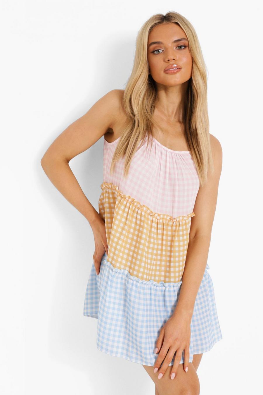 Multi Mixed Gingham Print Strappy Swing Dress image number 1