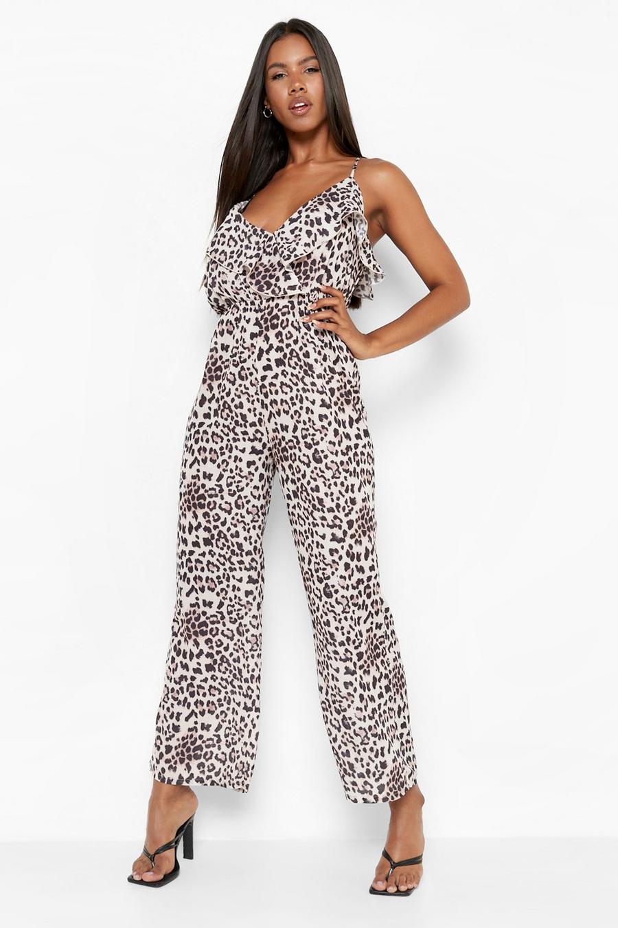Tuta leopardata con pantaloni culottes e arricciature, Brown image number 1