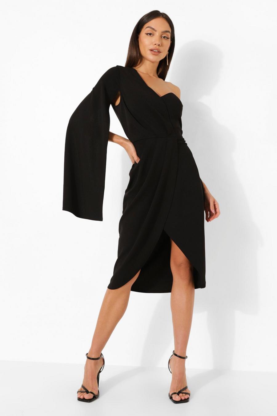 Black One Shoulder Wrap Midi Dress image number 1