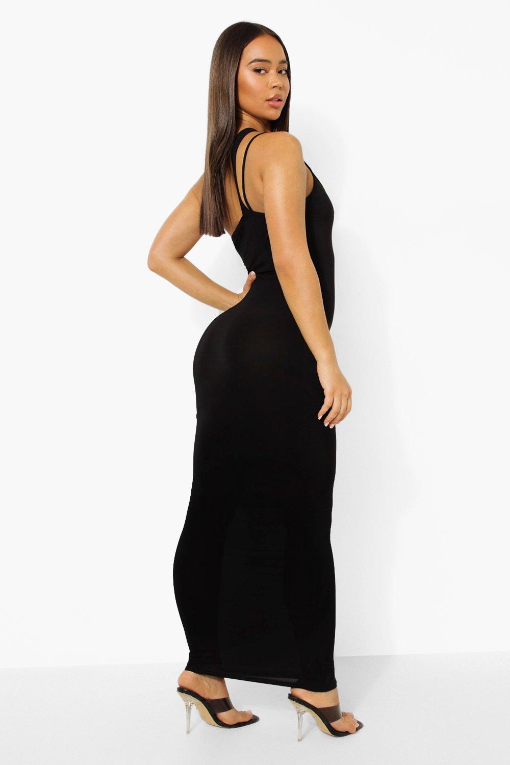 Black Slinky Scoop Neck Ruched Bodycon Strappy Maxi Dress, Dresses