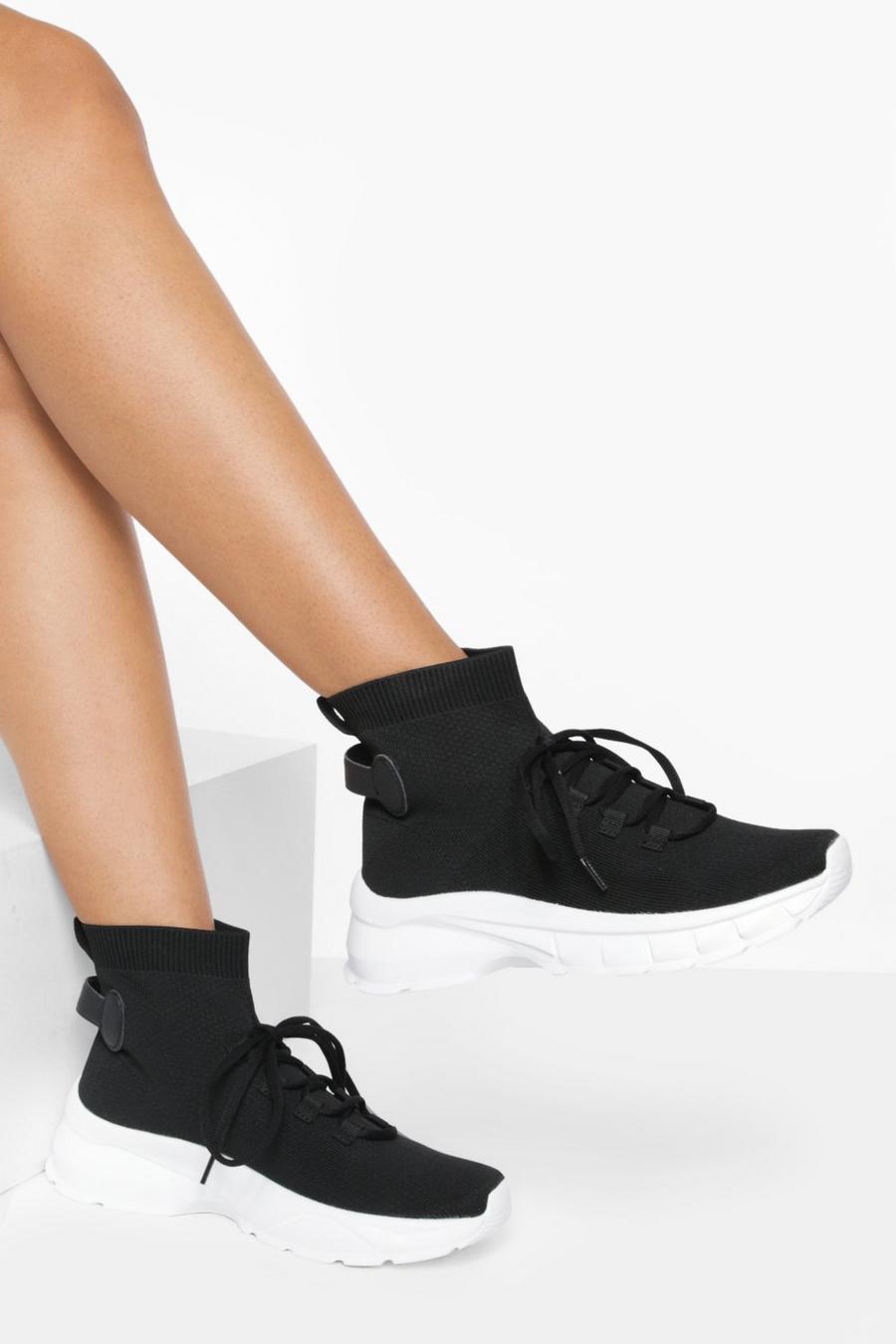 Zapatillas deportivas calcetín con cordones cruzados, Black image number 1