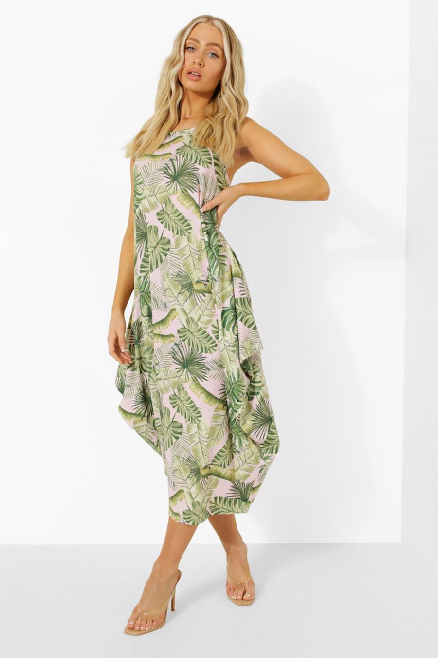 Pink Tropical Print Racer Back Ruched Maxi Dress image number 1