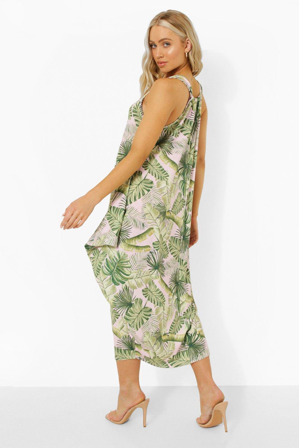 Hawaiian Print Racerback Ruched Maxi Dress
