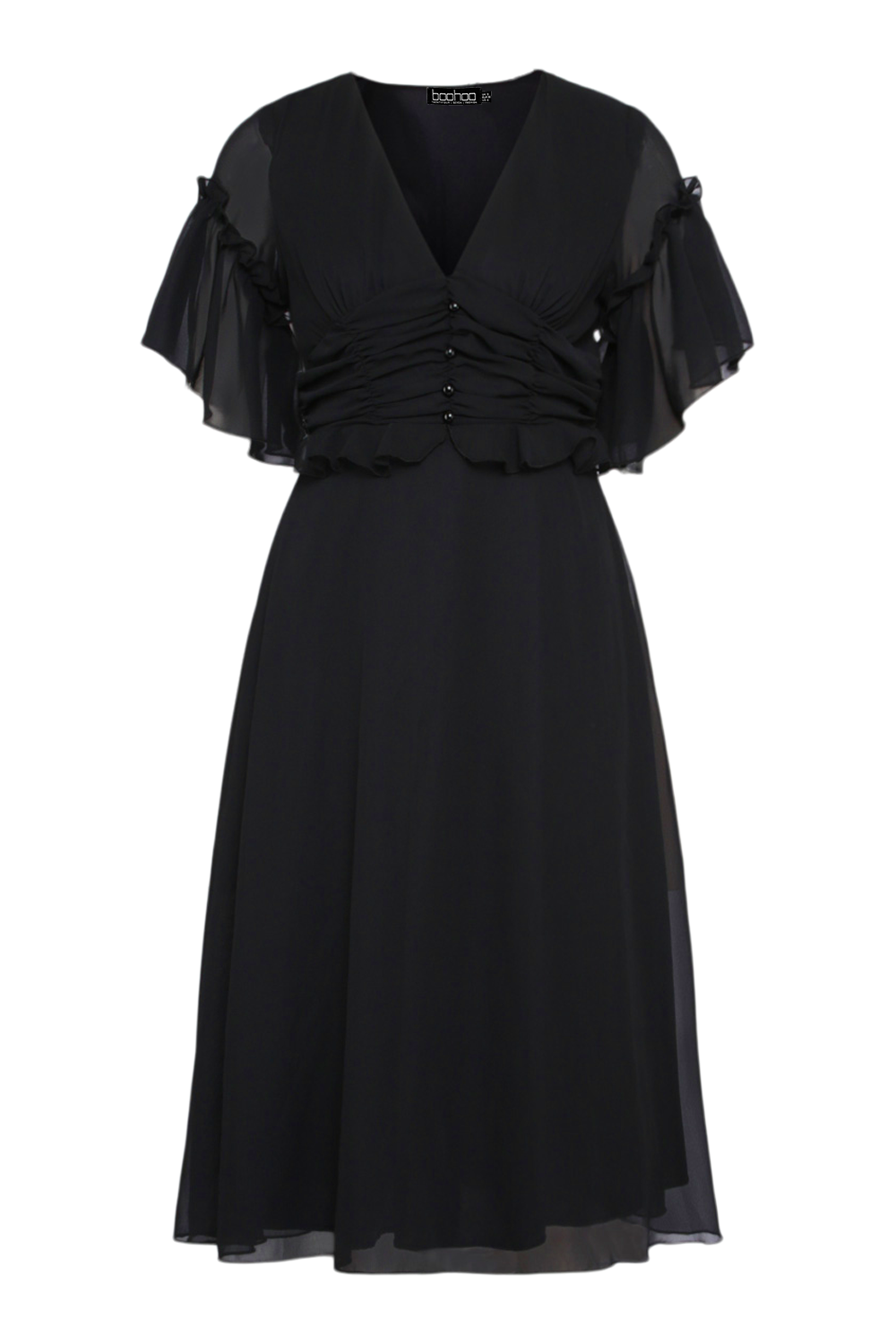 Pleated Ruffle Detail Midi Smock Dress