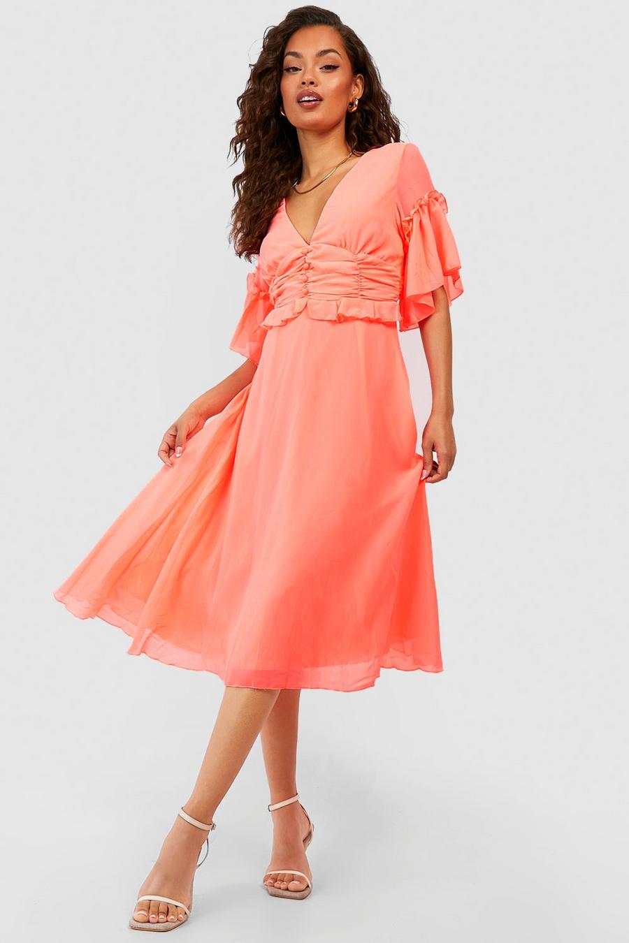 Coral pink Pleated Ruffle Detail Midi Smock Dress