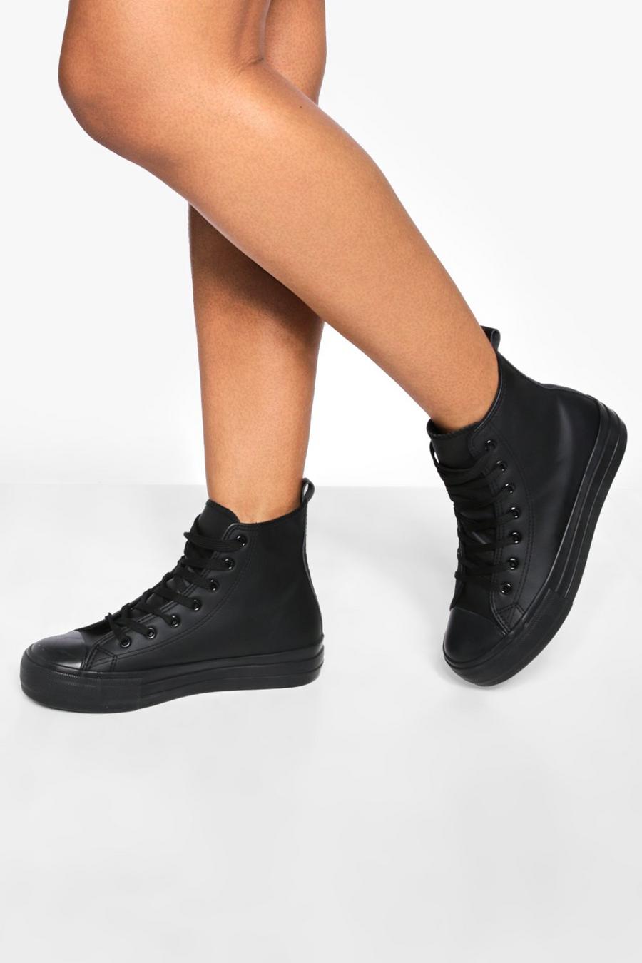 Zapatillas deportivas altas de cuero sintético con cordones cruzados, Black negro