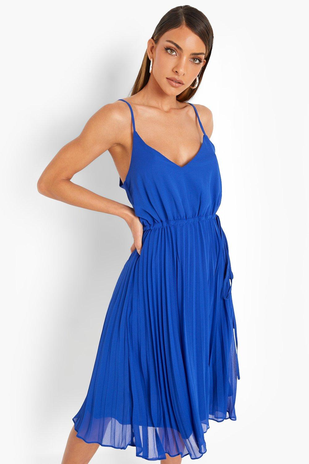 Women s Strappy Pleated Midi Skater Dress Boohoo UK