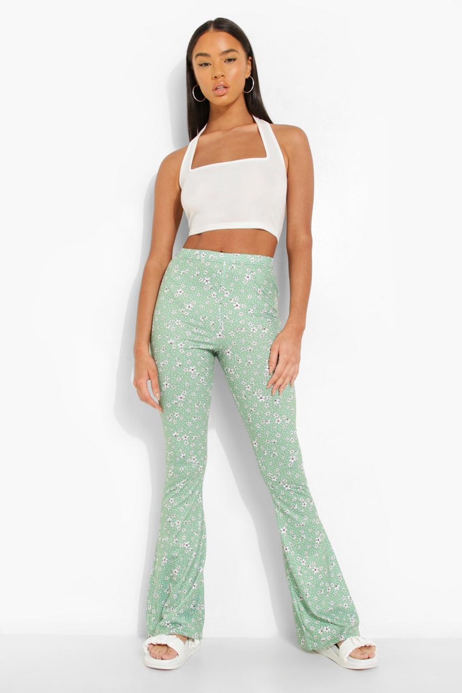 Green Ditsy Floral Flare Pants image number 1