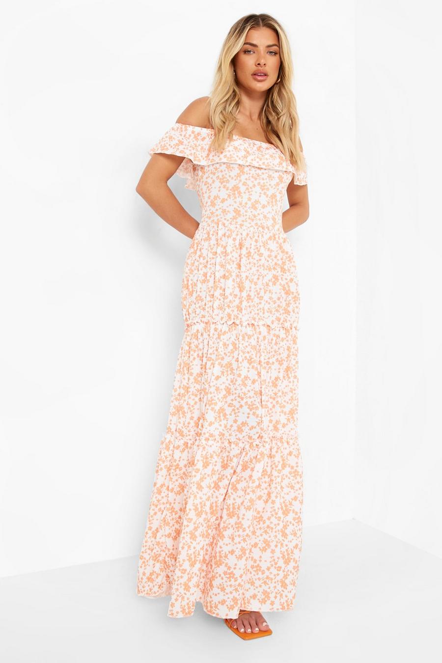 Vestido maxi de florecillas estilo Bardot, Naranja image number 1