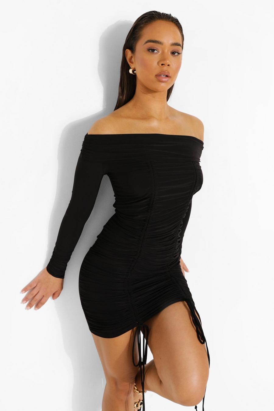 Black Slinky Bardot Ruched Mini Dress image number 1