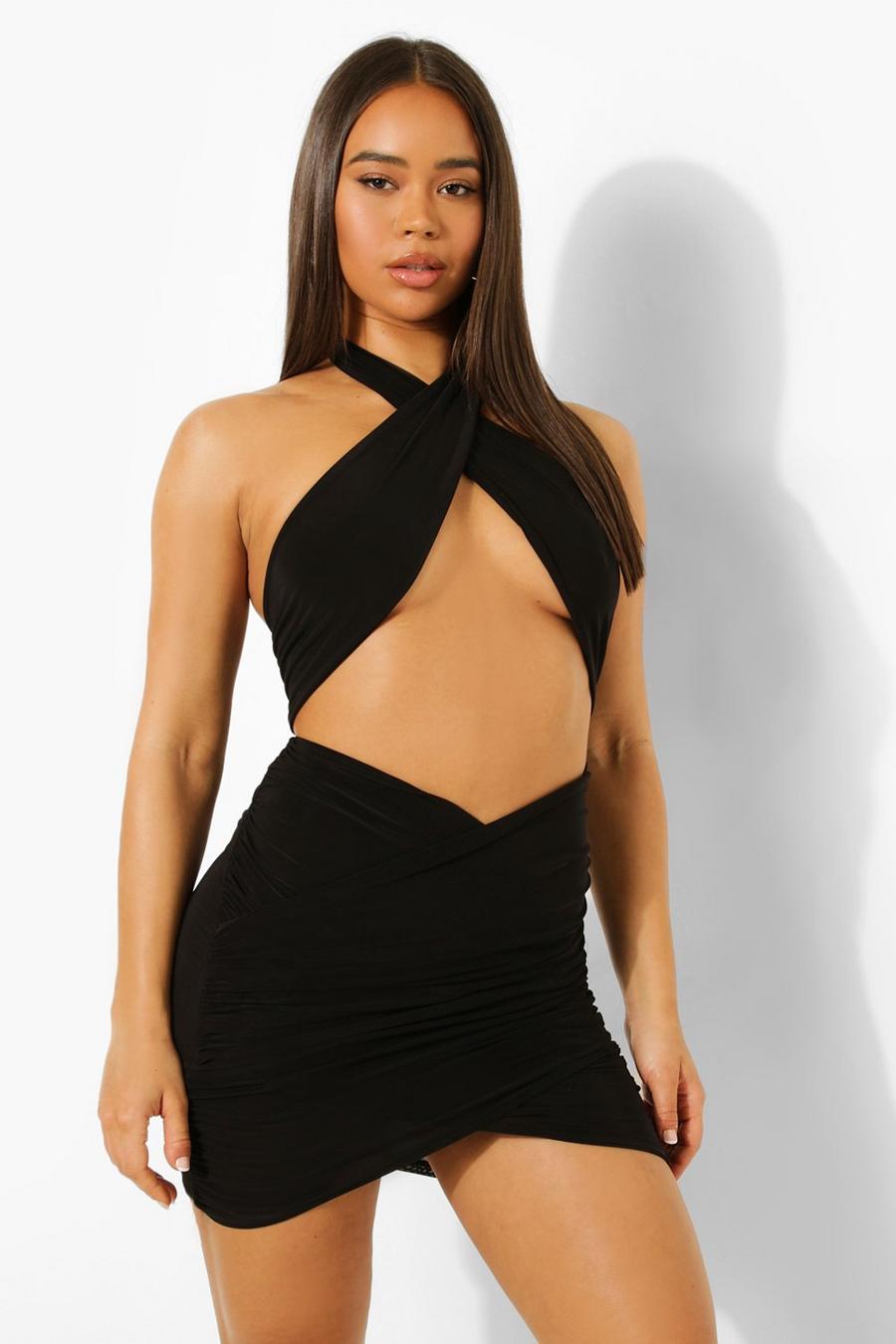 Black Slinky Wrap Halter Cut Out Mini Dress image number 1