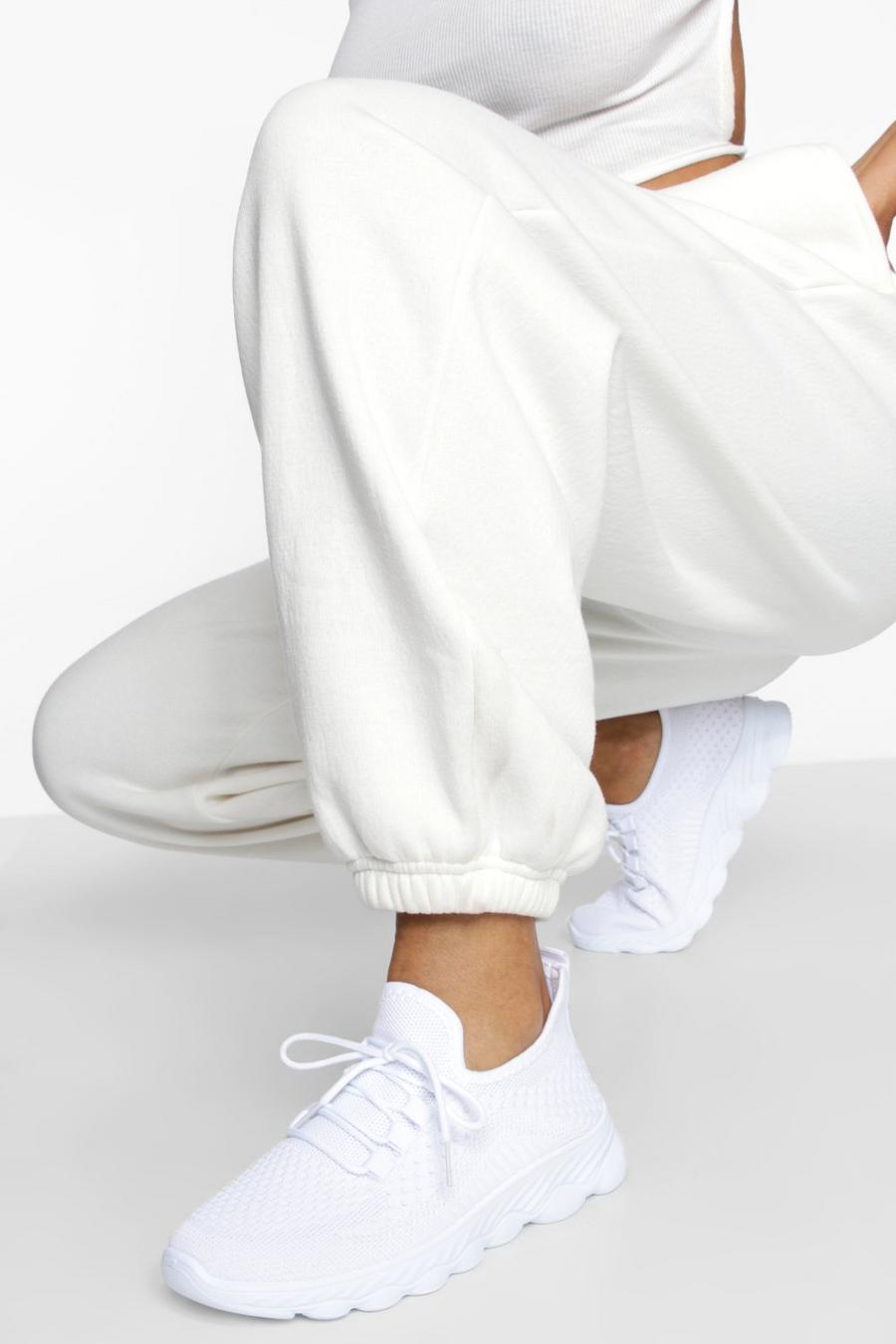 White Wide Fit Lace Up Knitted Sports Trainer
