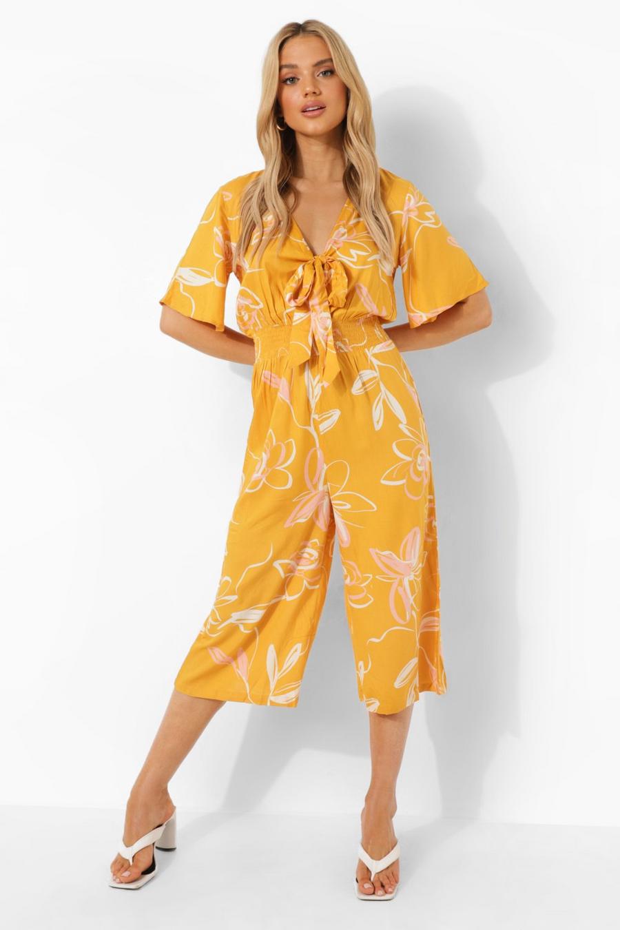 Floraler Culotte-Jumpsuit mit geraffter Taille, Mustard yellow image number 1