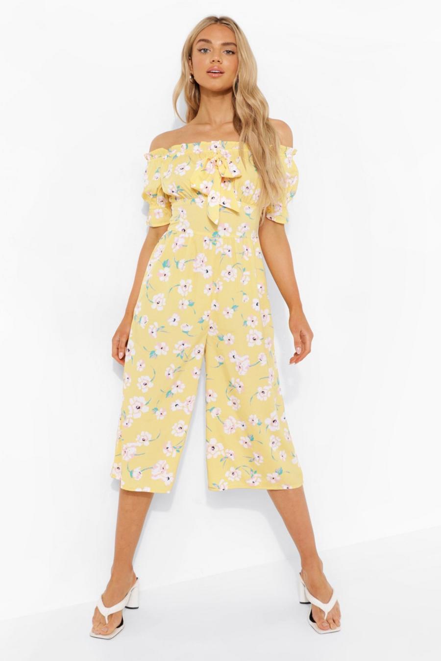 Yellow Floral Bardot Ruched Bust Culotte Jumpsuit image number 1