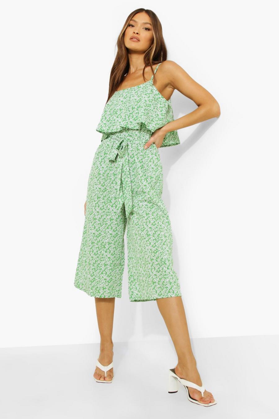 Green Floral Strappy Belted Culotte Jumpsuit image number 1