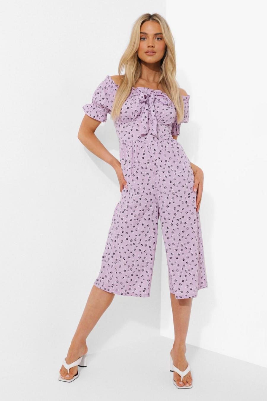 Lilac Floral Bardot Puff Sleeve Culotte Jumpsuit image number 1