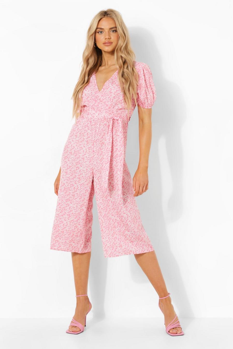 Pink Floral Wrap Puff Sleeve Culotte Jumpsuit image number 1