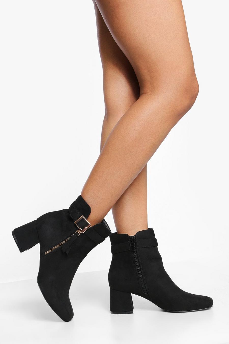 Black Wide Fit Zip Block Heel Boots