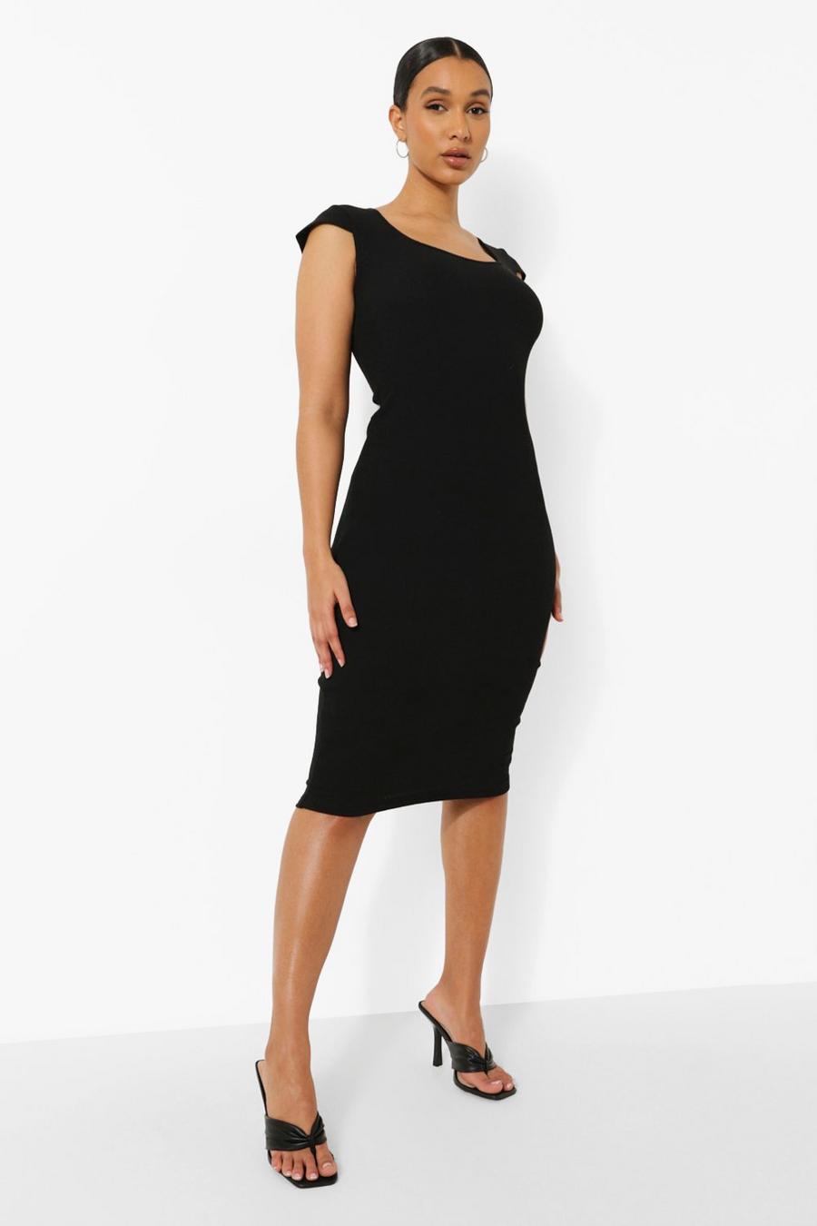 Black Premium Rib Scoop Neck Cap Sleeve Midi Dress image number 1