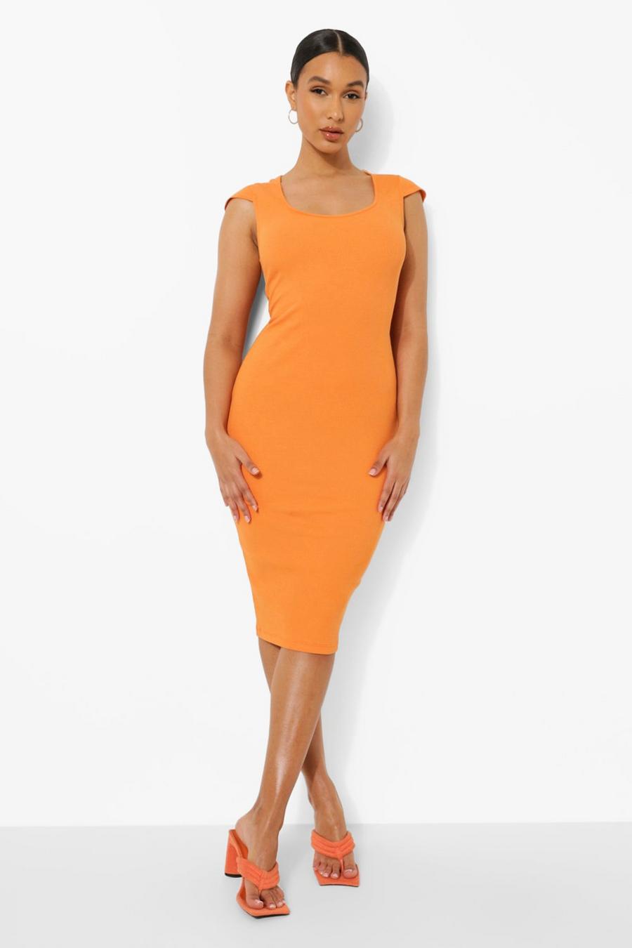 Orange Premium Rib Scoop Neck Cap Sleeve Midi Dress image number 1