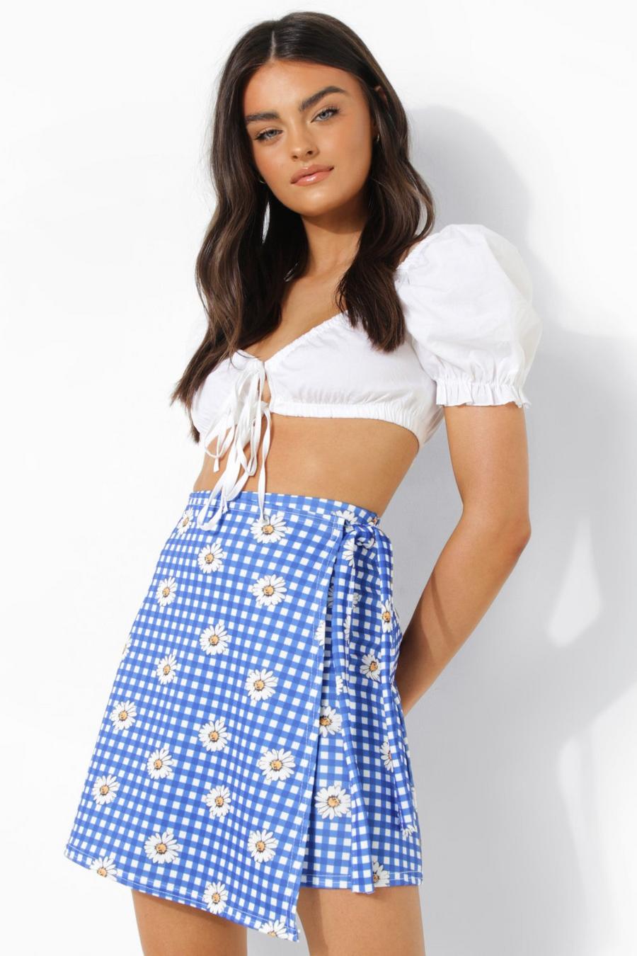 Mini-jupe portefeuille à fleurs et carreaux, Blue image number 1