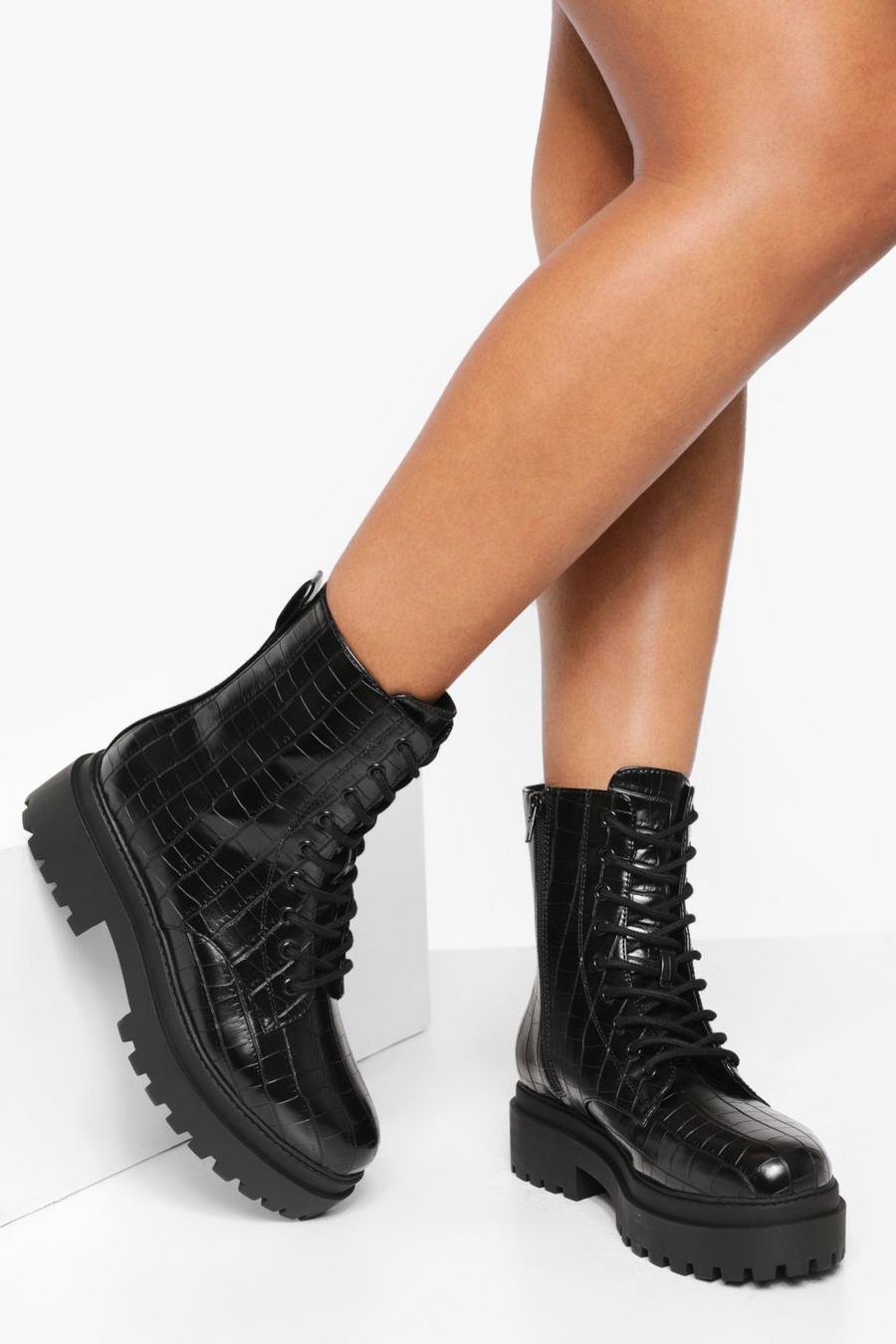 Black Chunky Cleated Patent Croc Hiker Boots image number 1