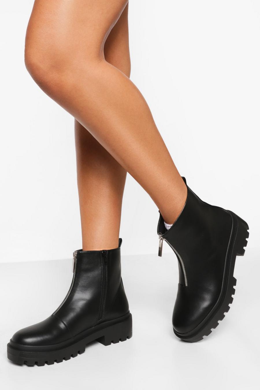 Black Zip Front Chunky Combat Boots image number 1