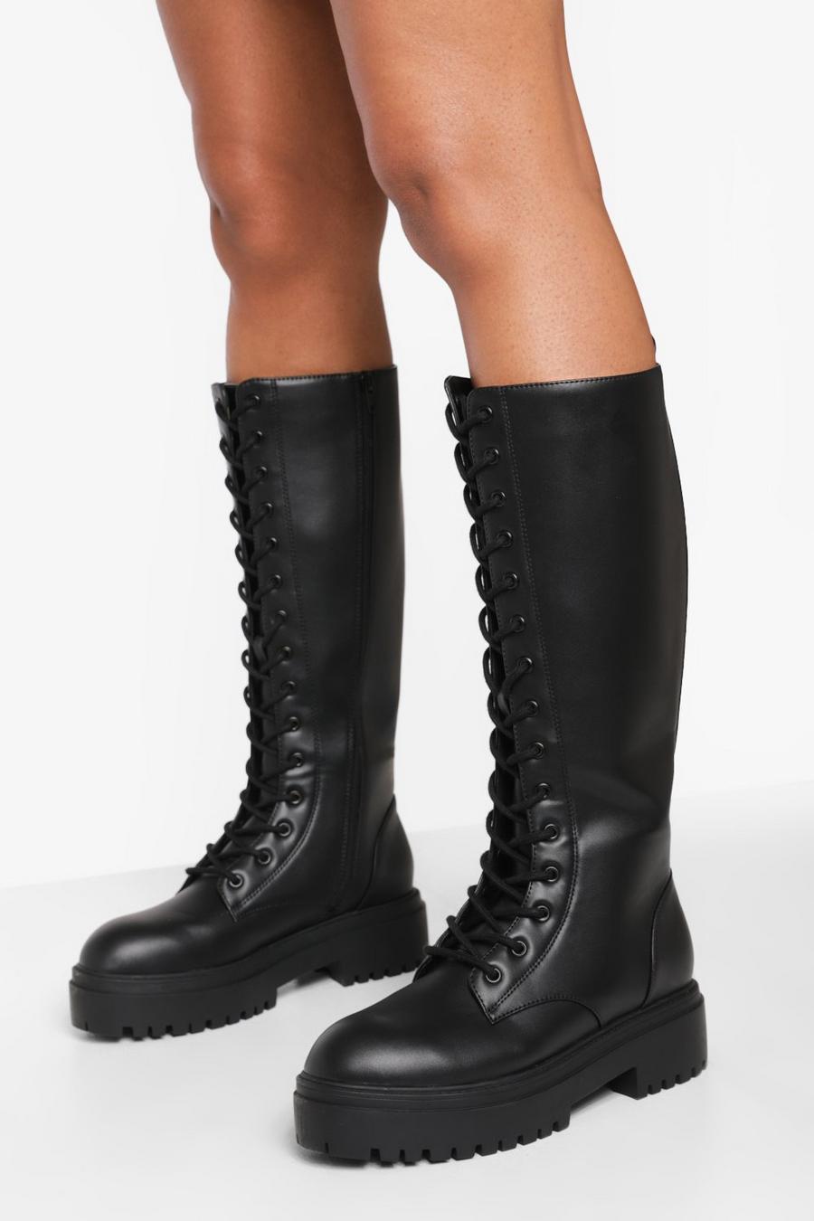 Black Knee High Lace Up Combat Boots image number 1