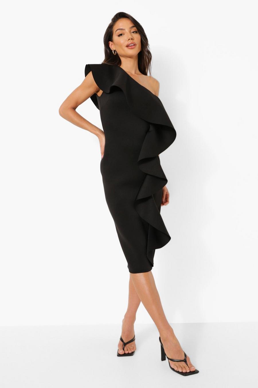 Black One Shoulder Ruffle Midi Dress image number 1