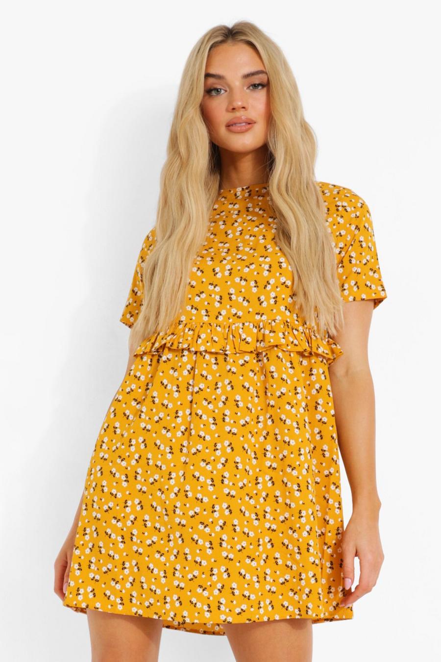 Mustard yellow Ditsy Floral Smock Dress