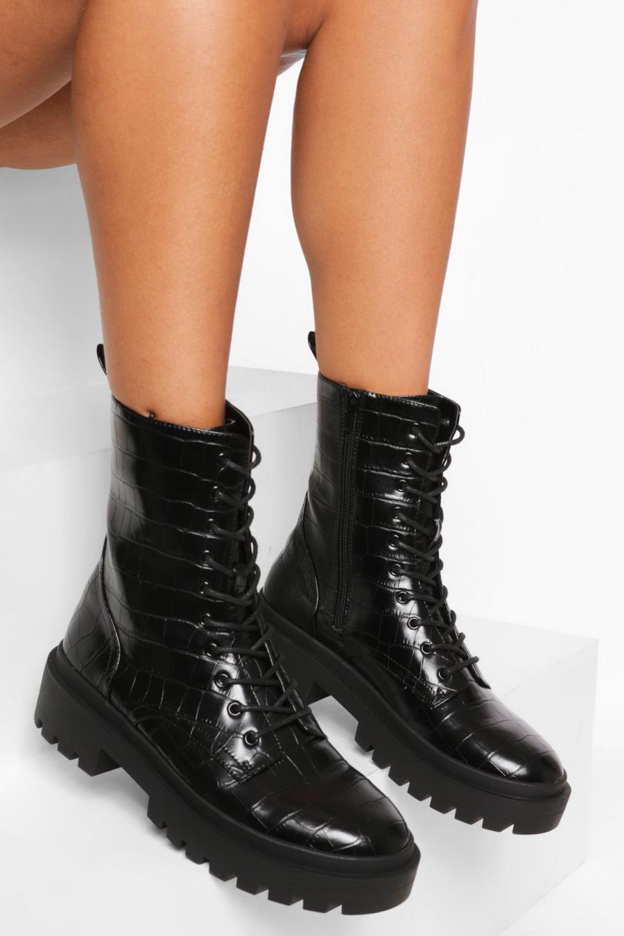 Black Croc Chunky Sole Combat Boots image number 1