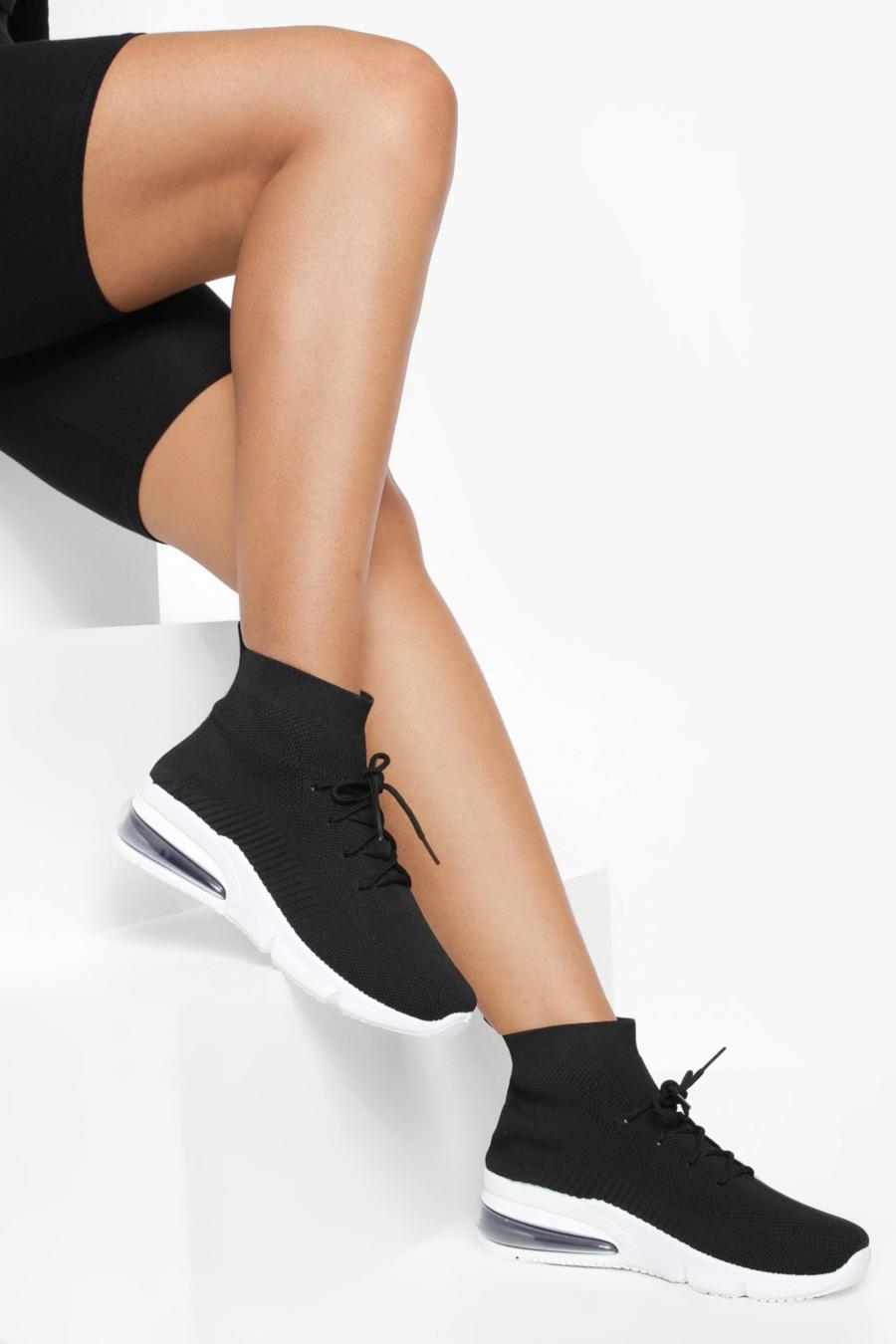 Black Wide Width Lace Up Sock Sneakers image number 1