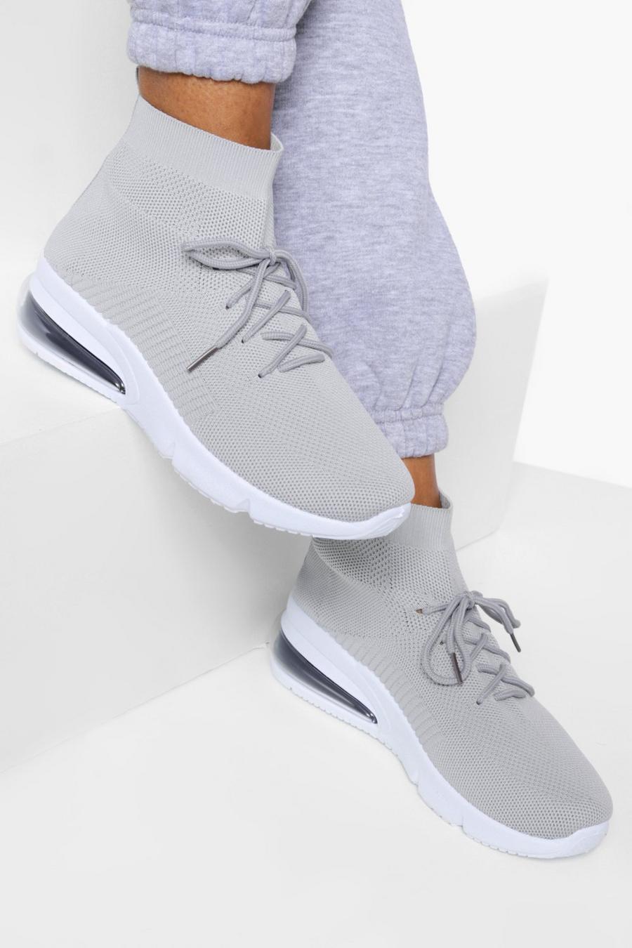 Zapatillas deportivas estilo calcetín de holgura ancha con cordones cruzados, Grey gris