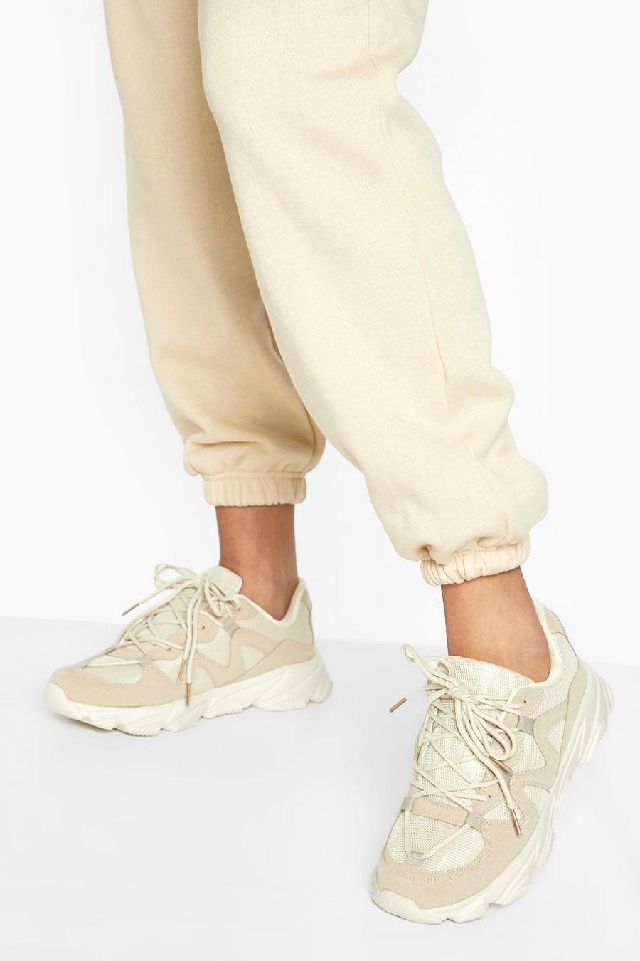 Stone beige Sneakers med mesh och bred passform image number 1