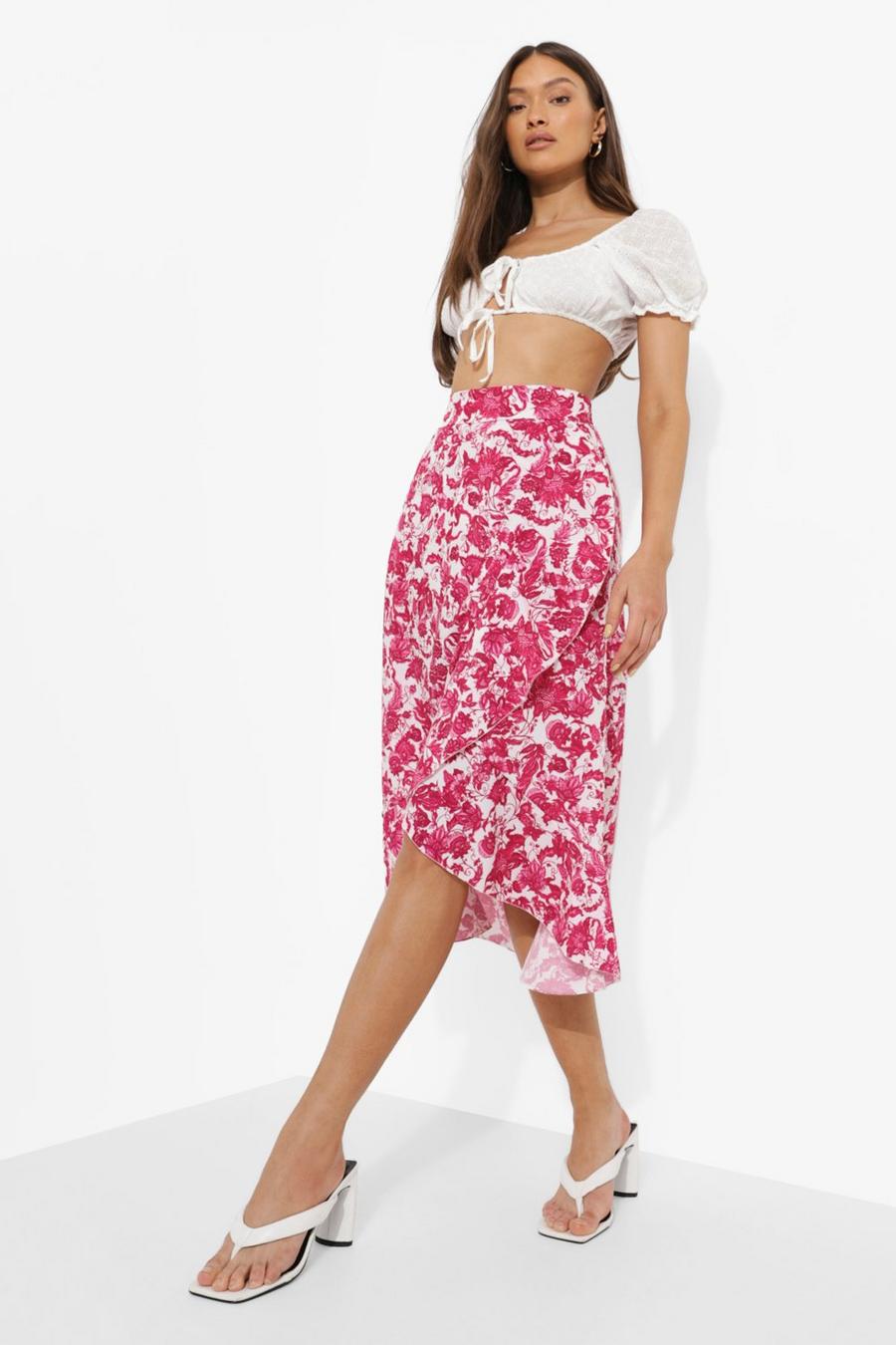 Pink Floral Print Wrap Midi Skirt image number 1