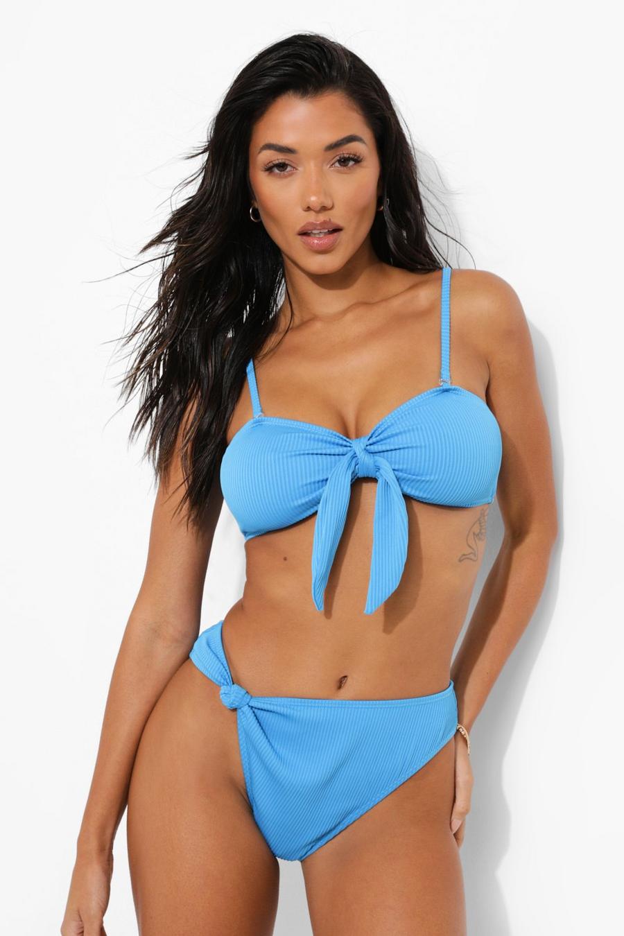Blue Ribbed Tie Front Bandeau Bikini Top image number 1