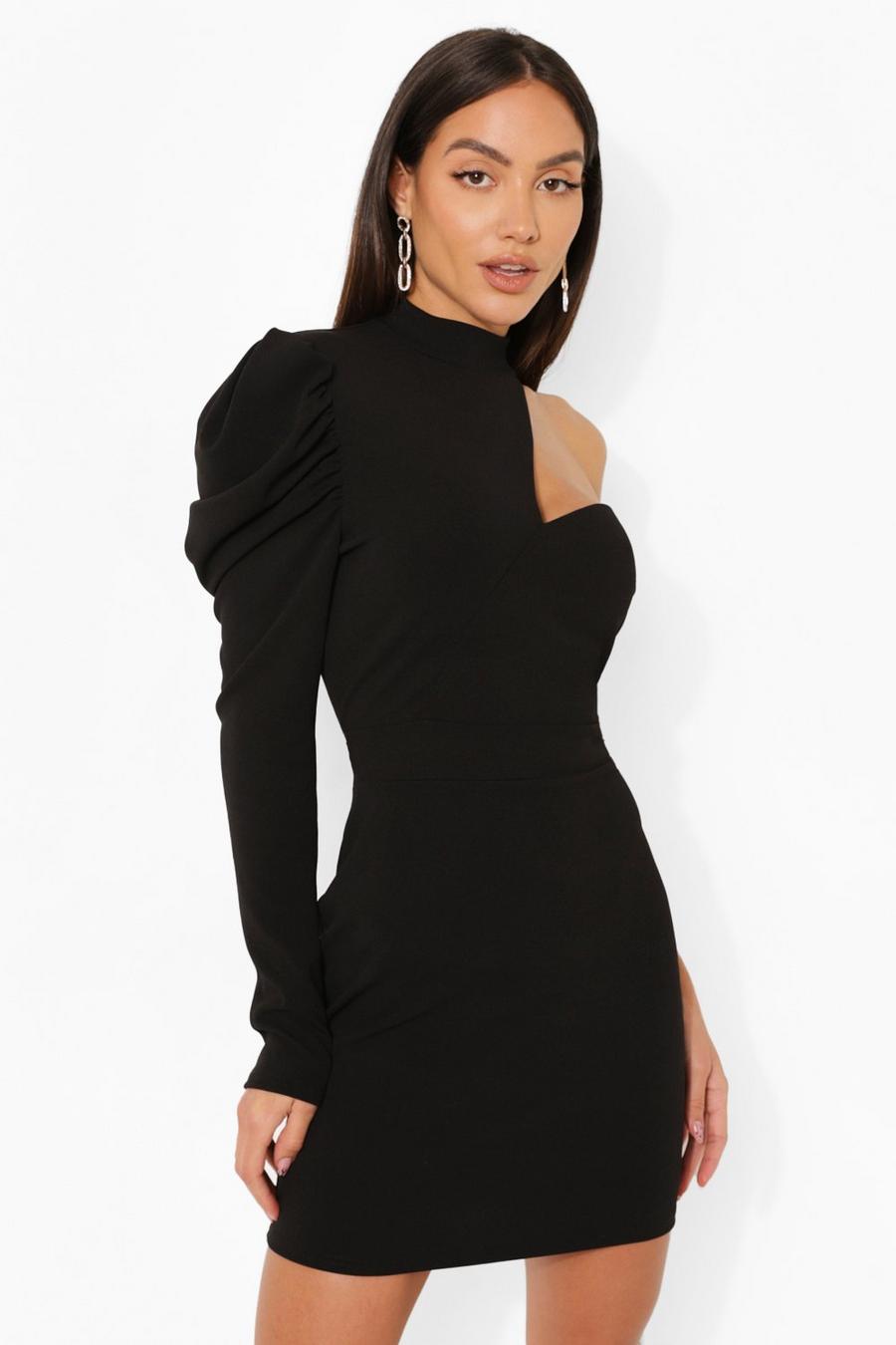 Black High Neck Puff Shoulder Mini Dress image number 1