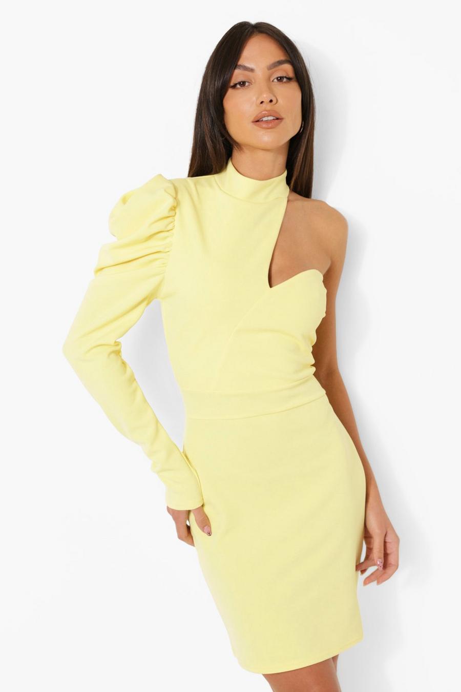 Yellow High Neck Puff Shoulder Mini Dress